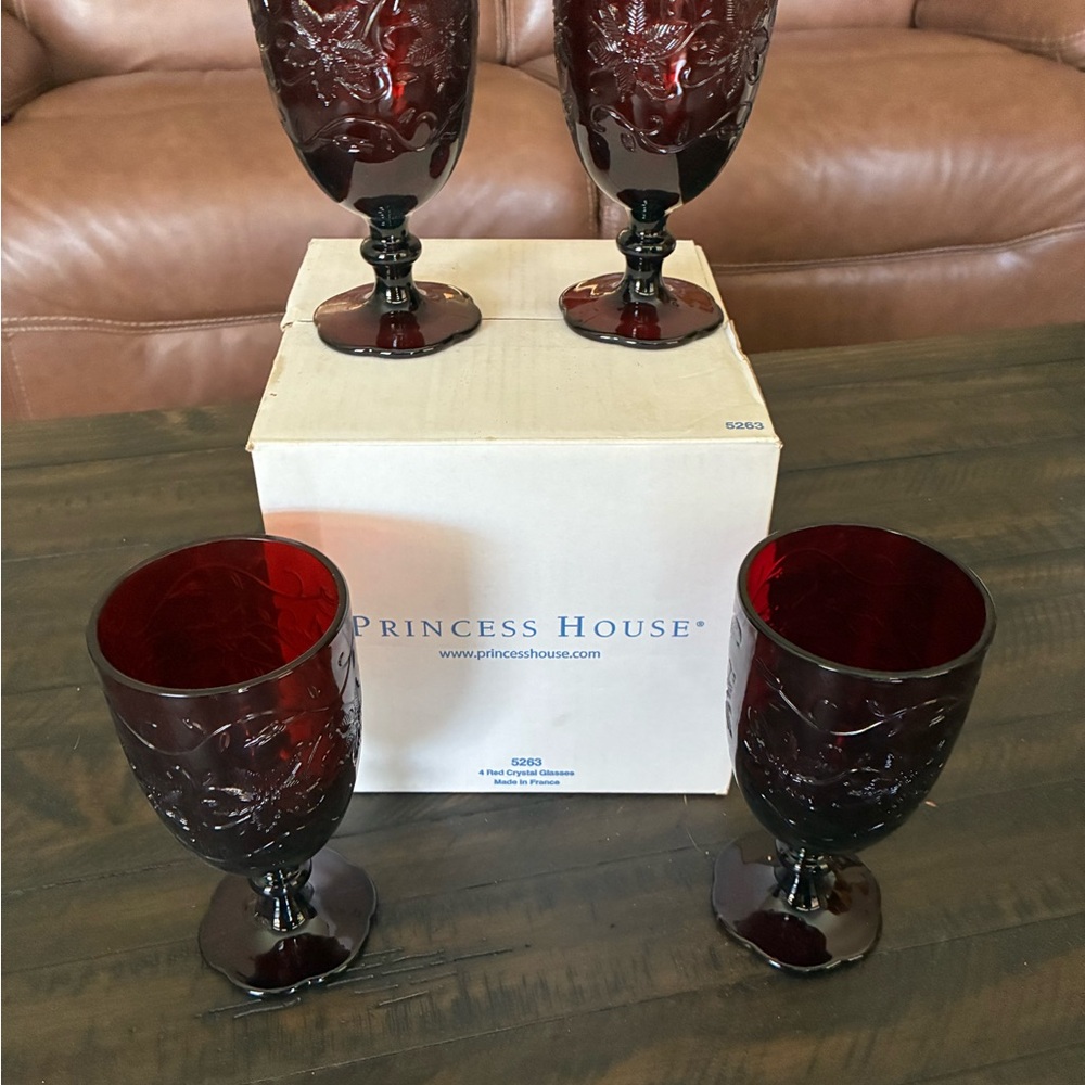 Princess House Deep Red Glass Goblet, Fantasia, 2 sets of 4